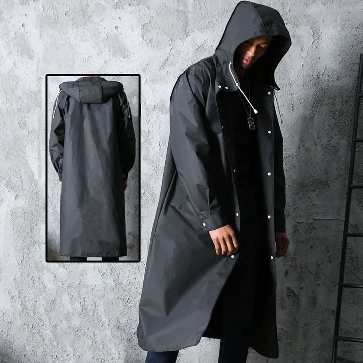 Stylová dlouhá nepromokavá pláštěnka s kapucí a zapínáním | Onyx Black