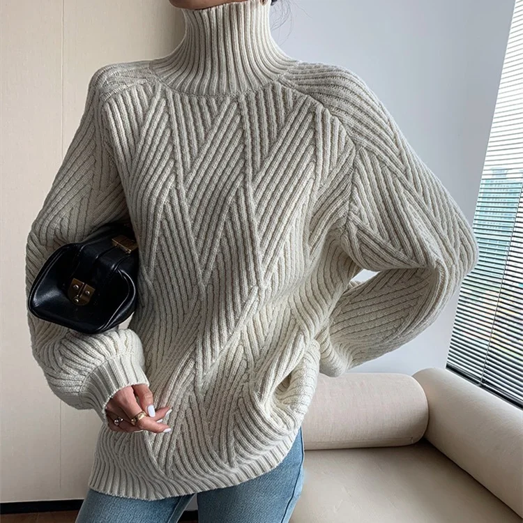Stylový světr Lana s elegantním vysokým límcem a geometrickým vzorem