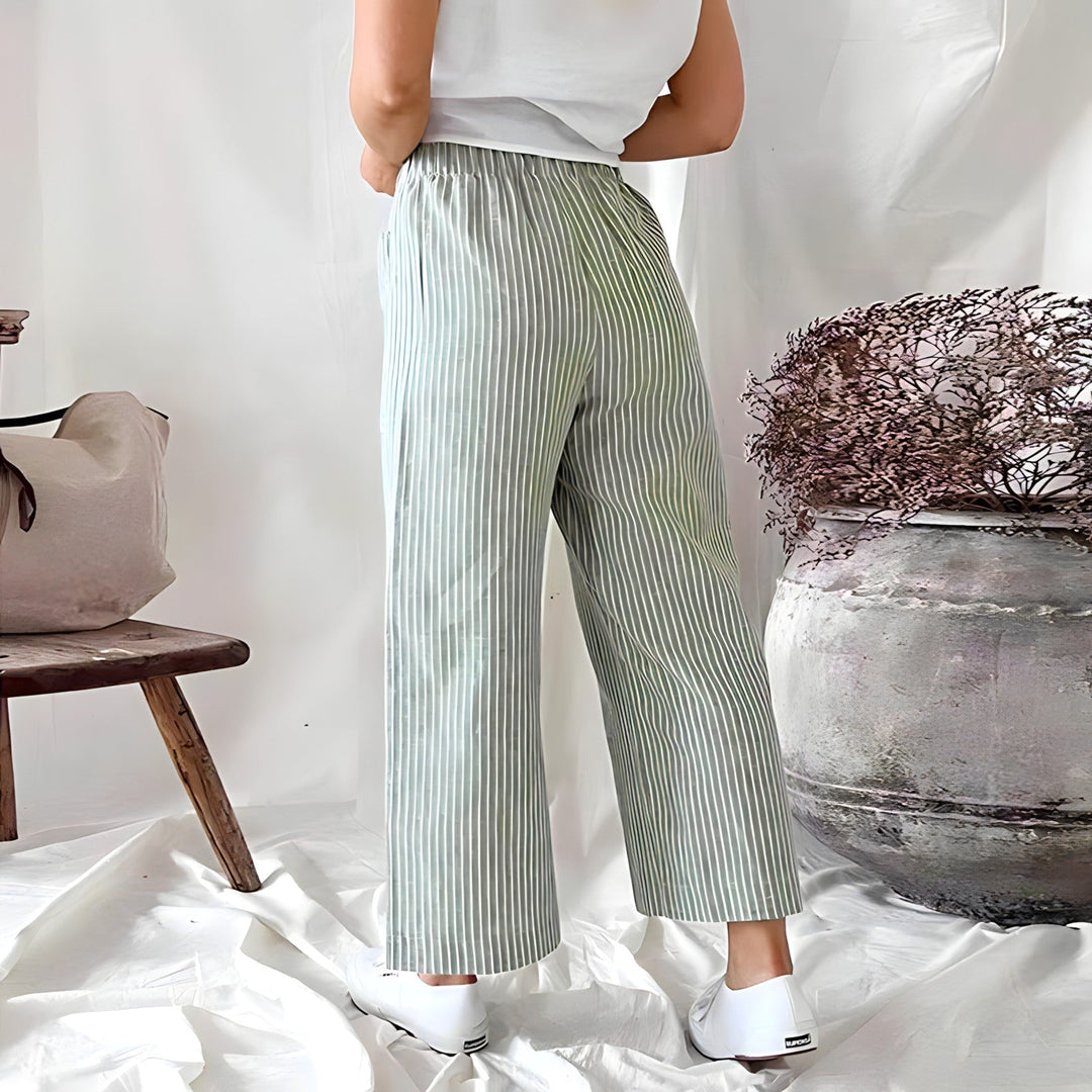 Stylové dámské kalhoty s vysokým pasem a módními proužky