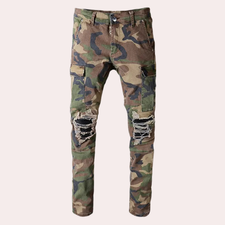 Trendy opotřebované pánské džíny s kamuflážovým potiskem